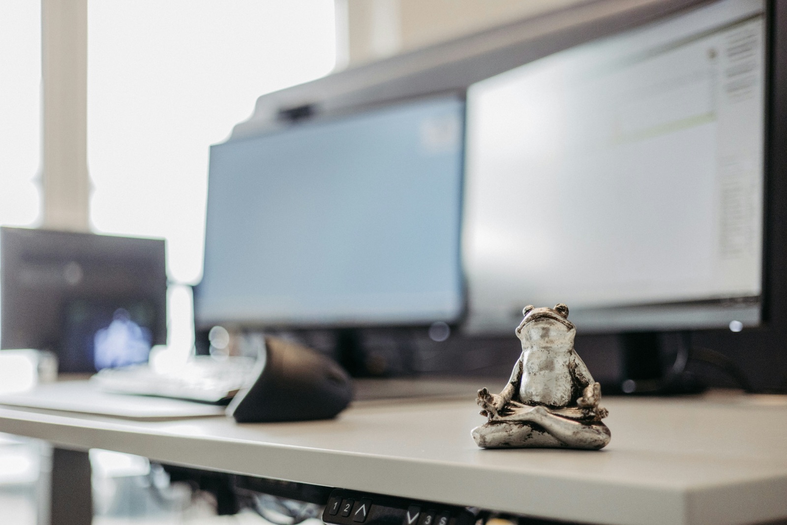 Een beeldje van een mediterende kikker op een bureau naast computerschermen